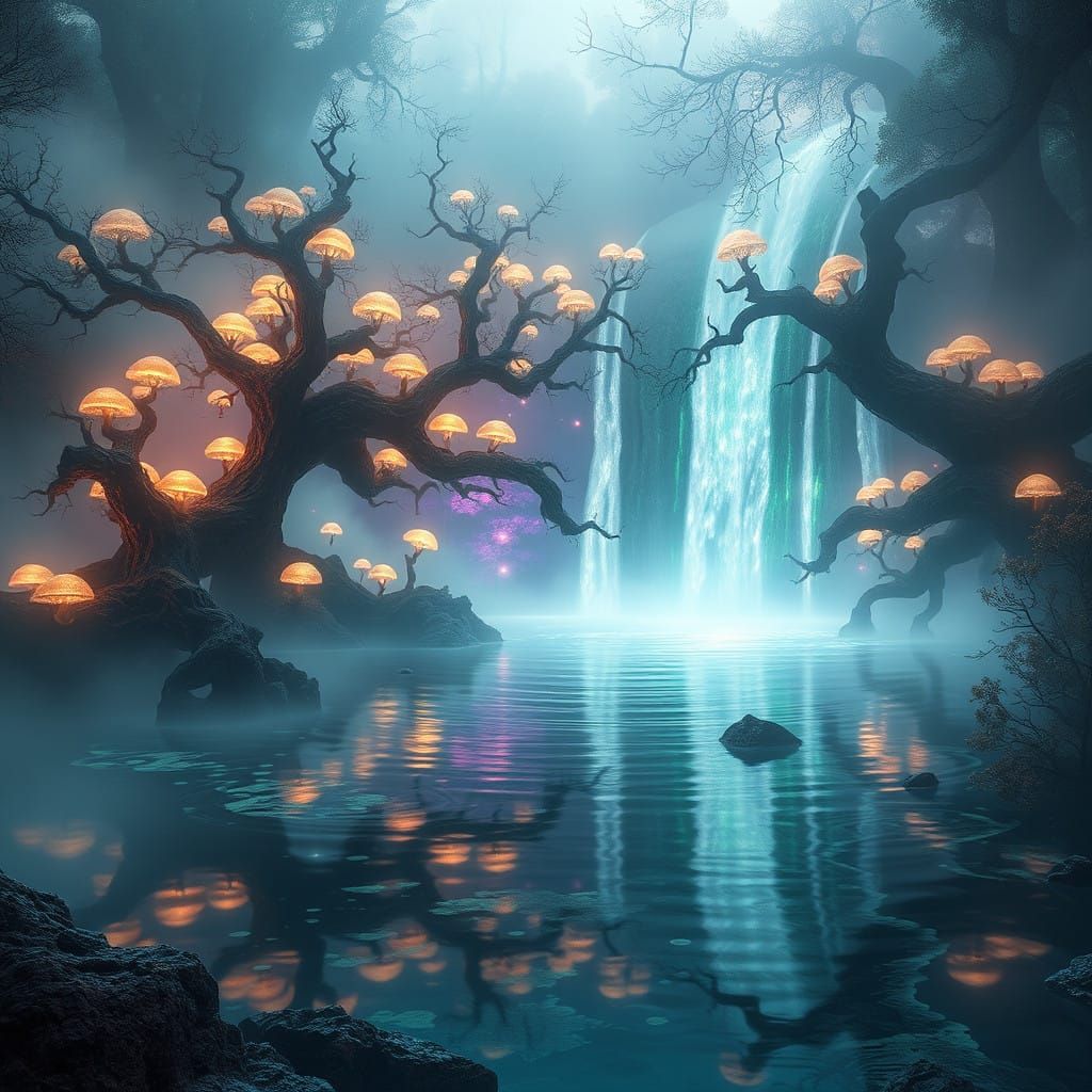 Surreal Mystical Realm with Ethereal Waterfall and Glowing F...