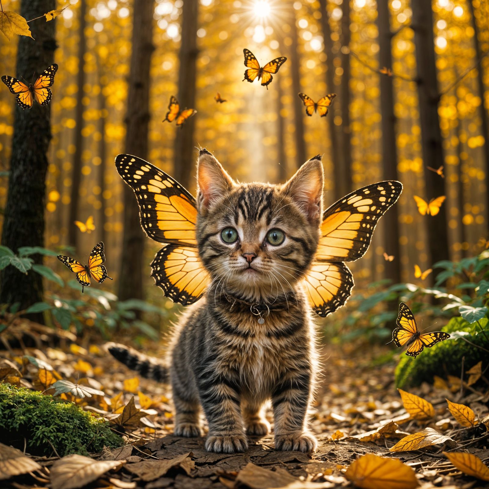 Cute Tabby Kitten as Butterfly in Autumn Forest