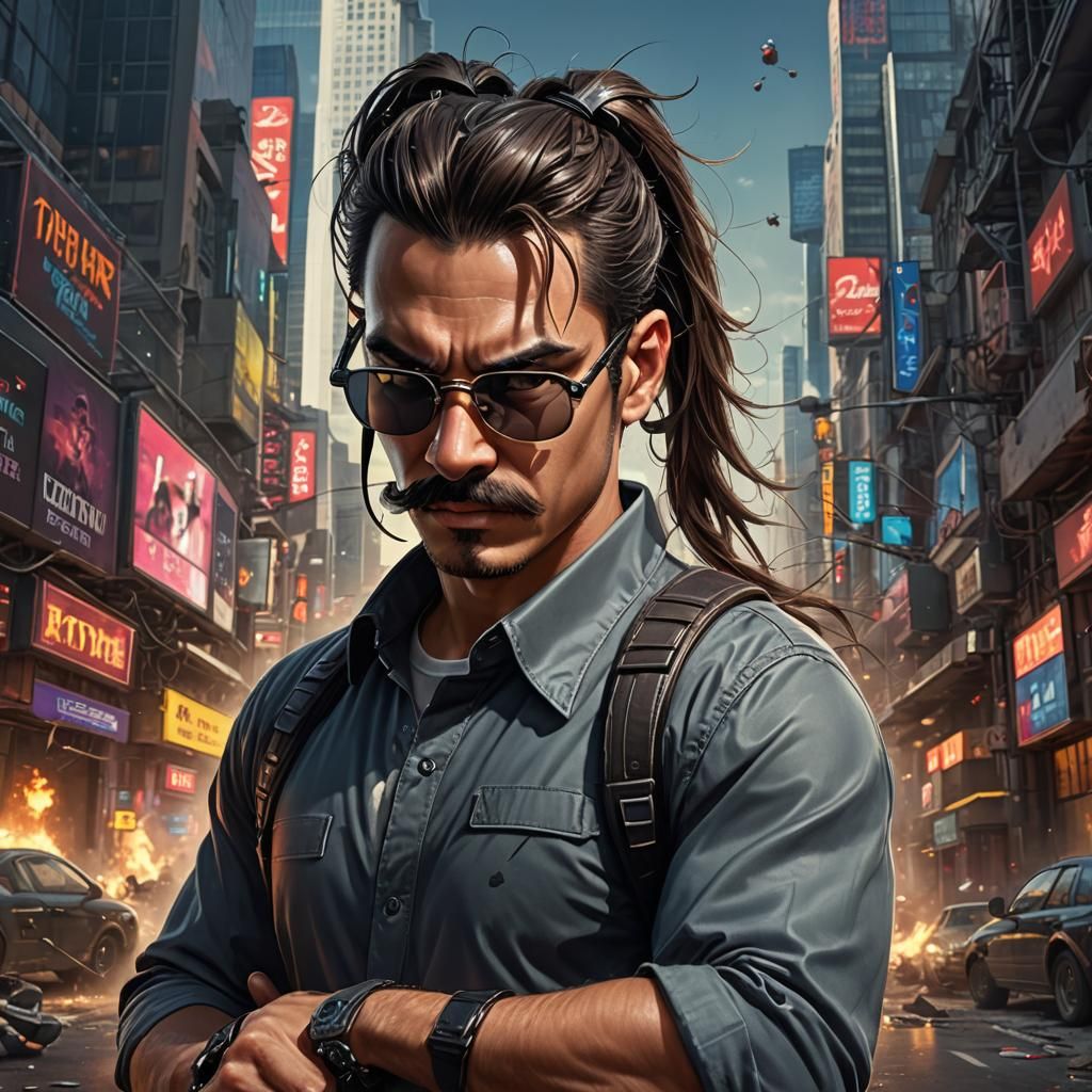 Hyperrealistic Cyber Crime Fighter with Pigtails