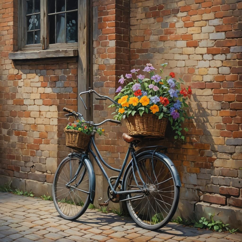 Vintage Bicycle with Flowers, Oil Painting