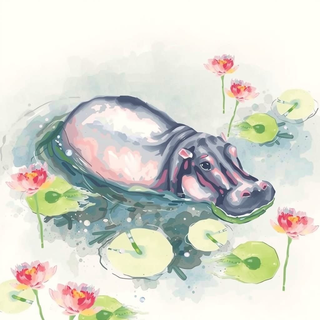 Iridescent Hippopotamus in Lotus Pond, Japanese Ink Style