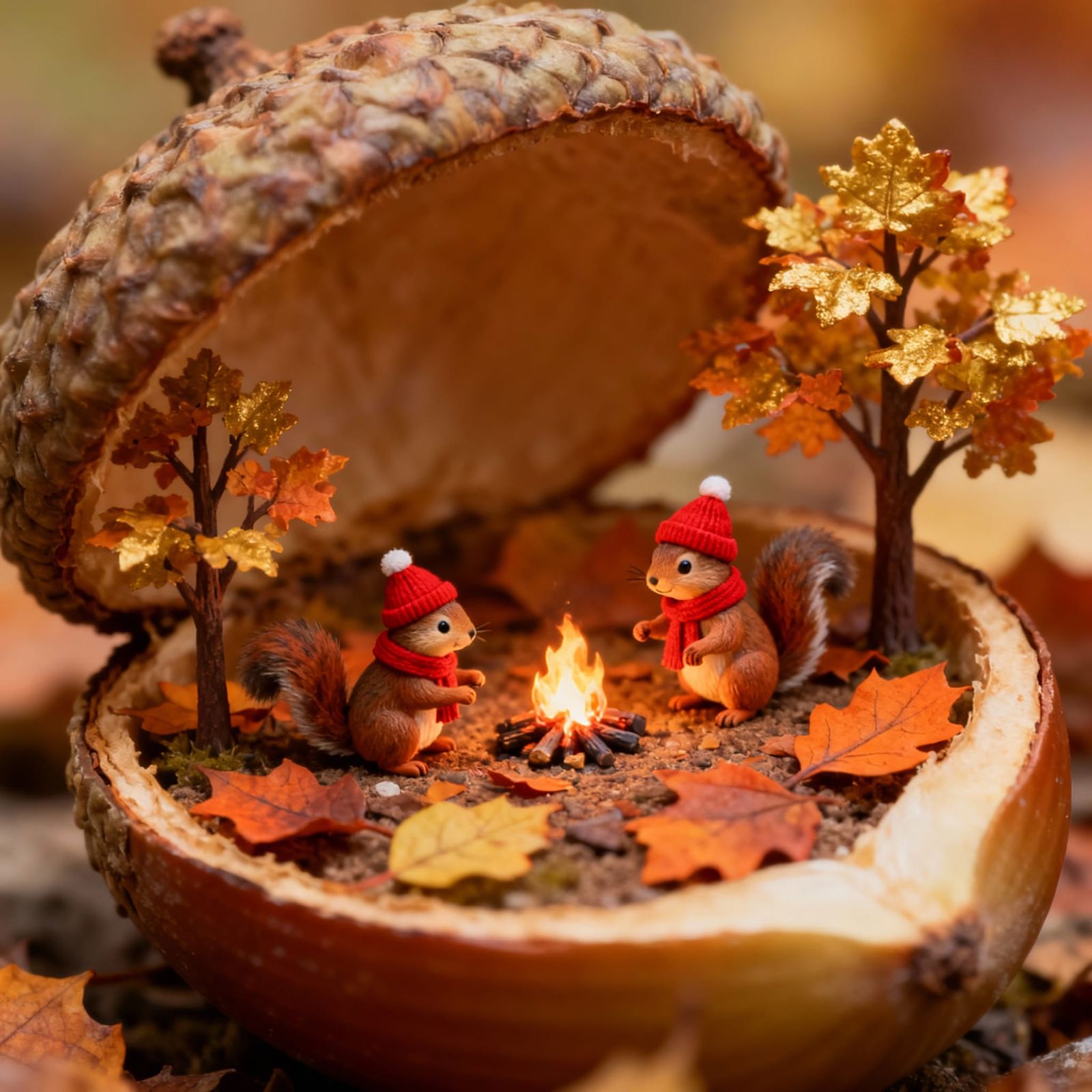Miniature Autumn Scene Inside Acorn with Squirrels
