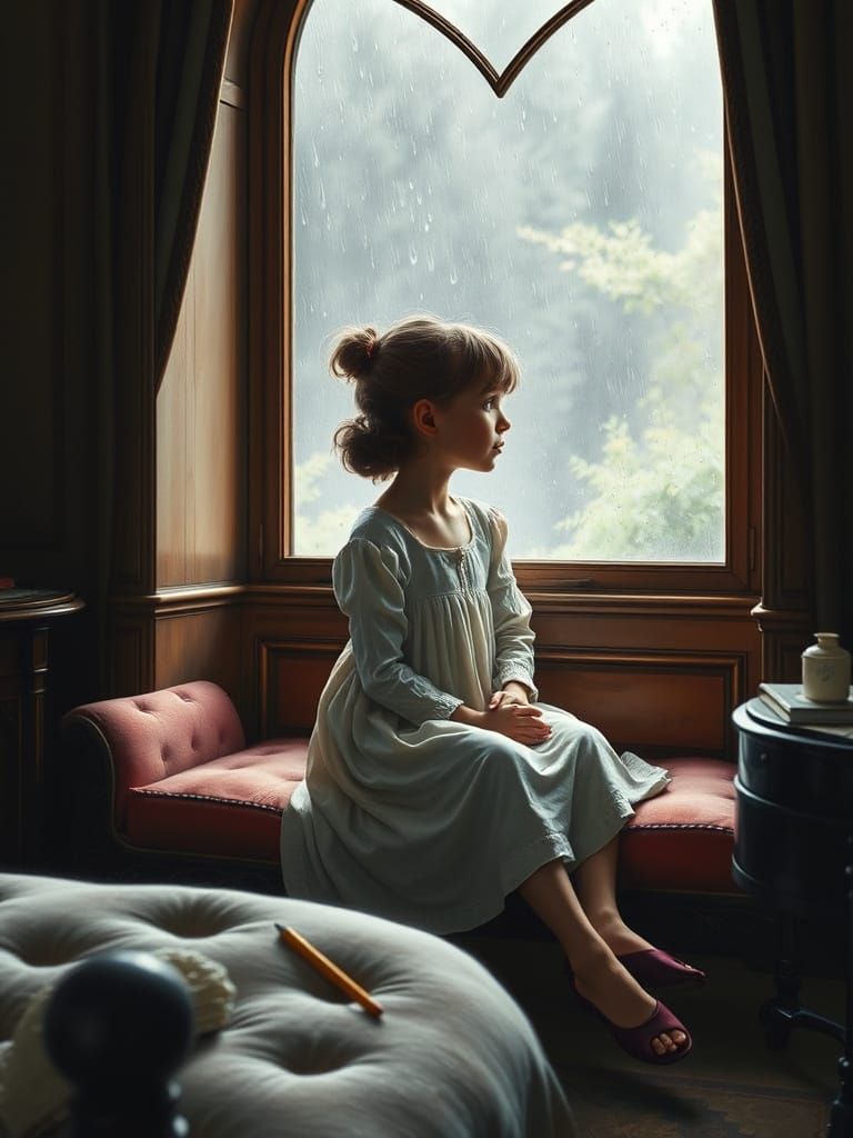 Serenely Seated Young Girl in Grand Bedroom