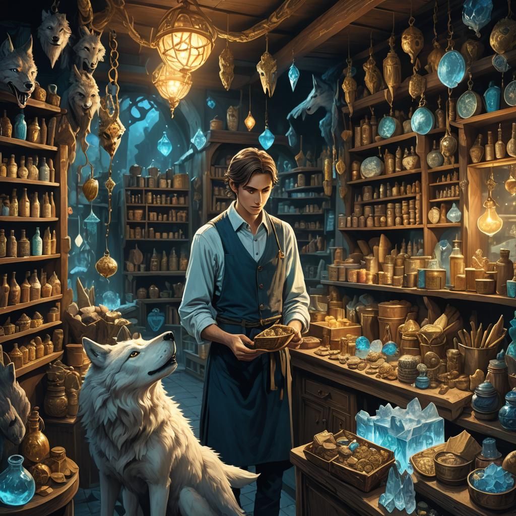 Mystical Shopkeeper with Wolves in Fantasy Art Style