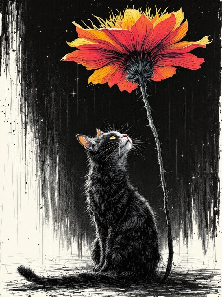 Egon Schiele Style Cat Amidst Blooming Flowers