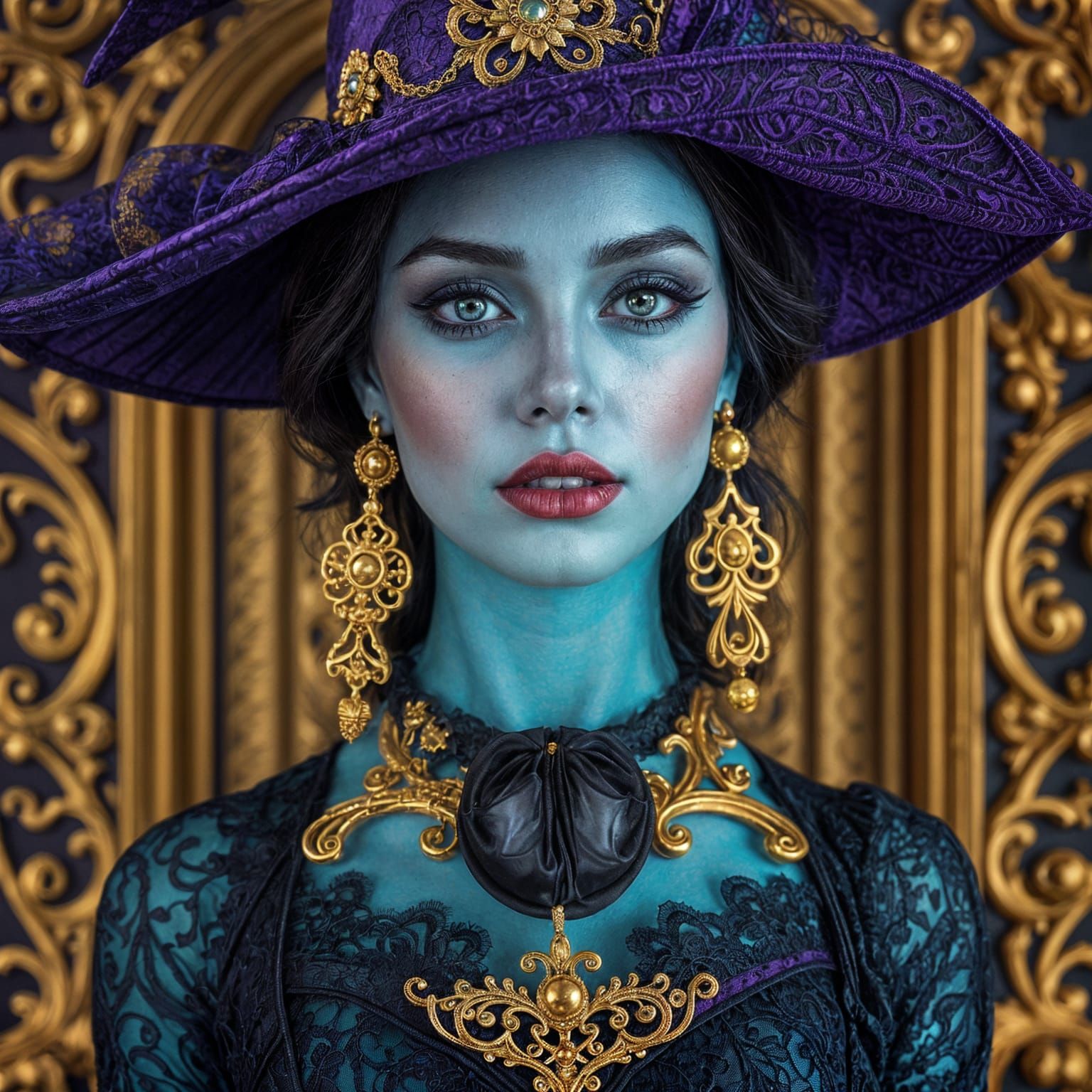 Ornate Witch Portrait with Turquoise Skin and Gold Embellish...
