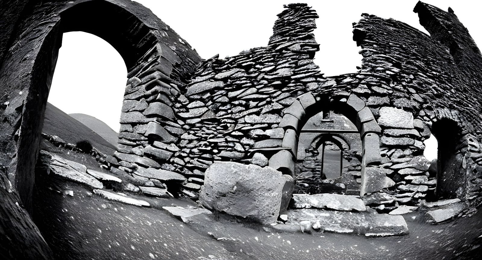 Monastic Stone Ruins in Ireland, Black and White Film