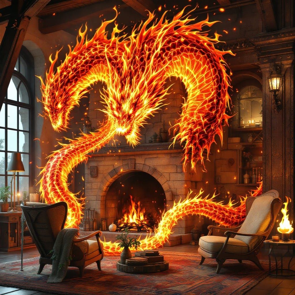 Fire Dragon Ignites Fireplace in Industrial Futurism Style