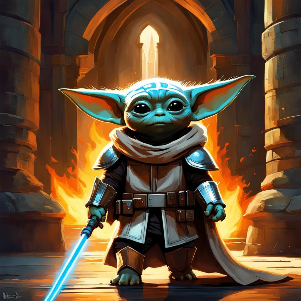 Baby Yoda Knight in Medieval Sci-Fi Castle
