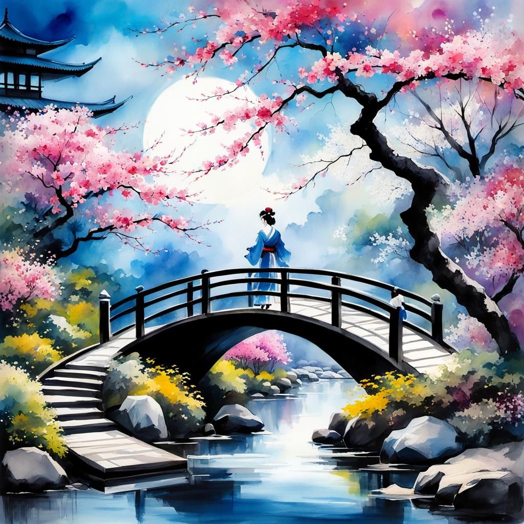 Beautiful Japanese garden with bridge, two geisha girls with...