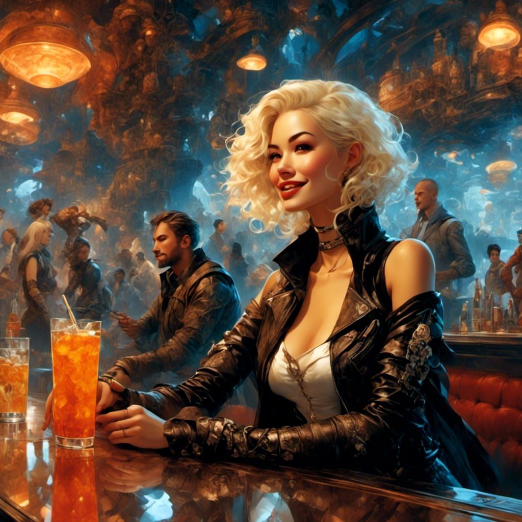Blonde Woman and Alien Creature in Space Cafe