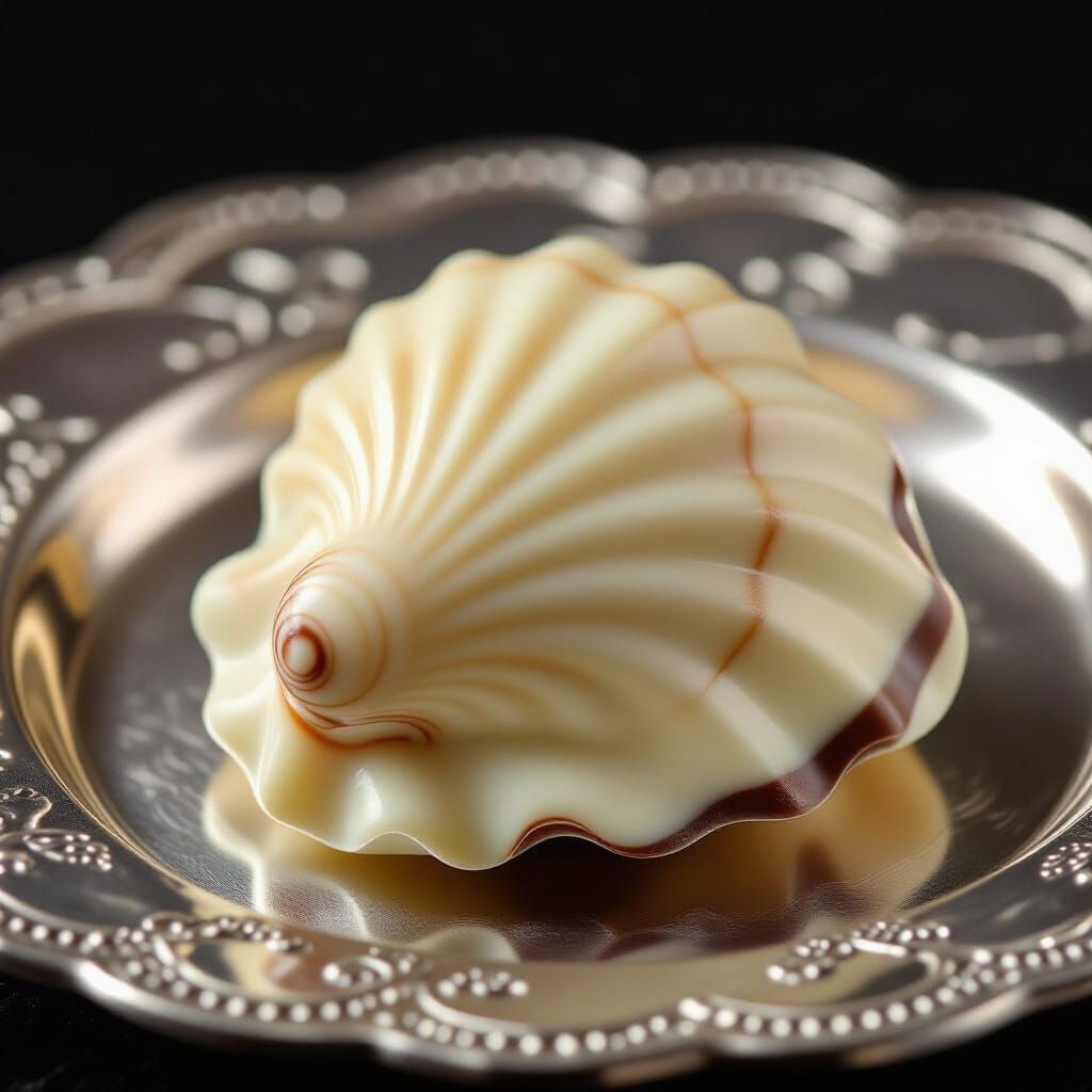 Chocolate Seashell Candy Close-up on Silver Saucer