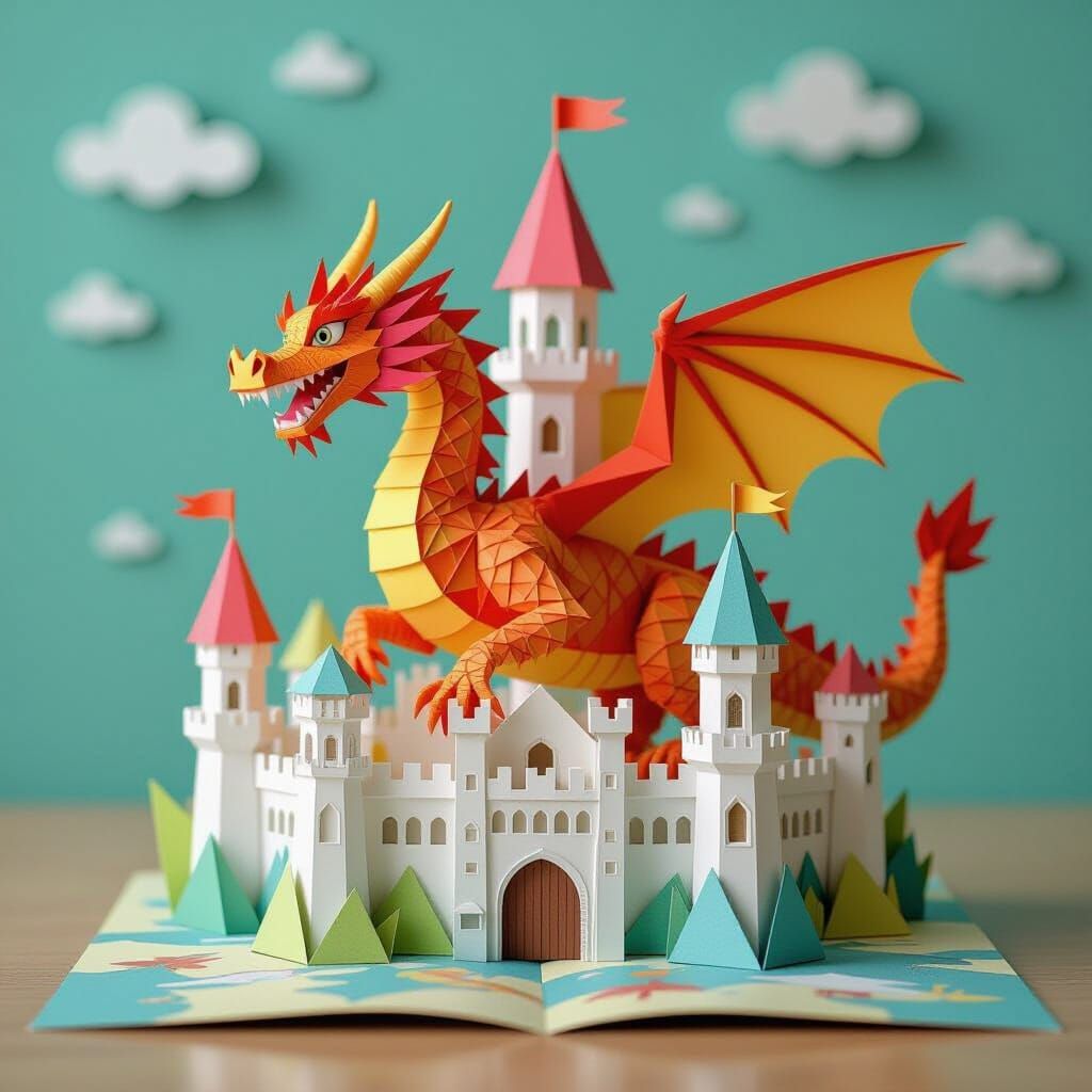 Origami Dragon Emerges From Paper Castle Pop-Up Book