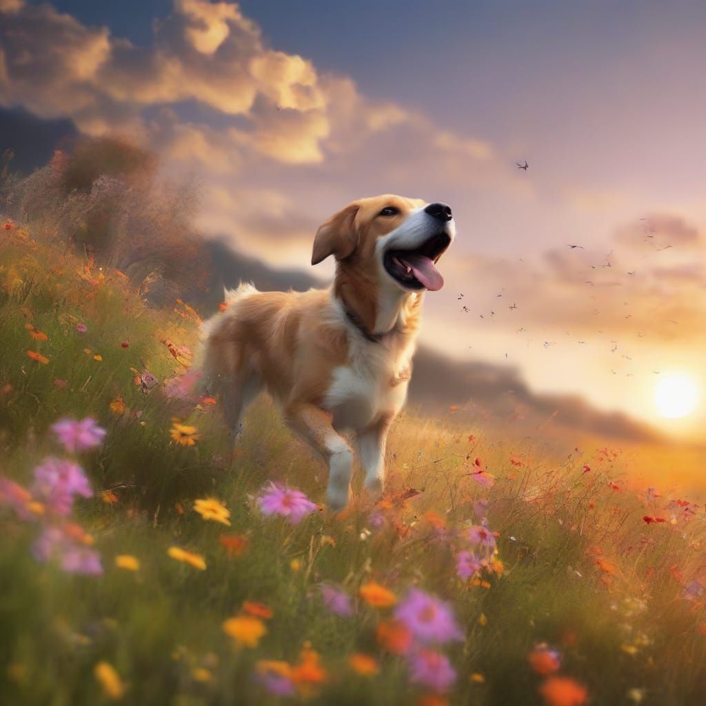 Dog Leaping Through Wildflowers at Twilight in Hyper-Realist...