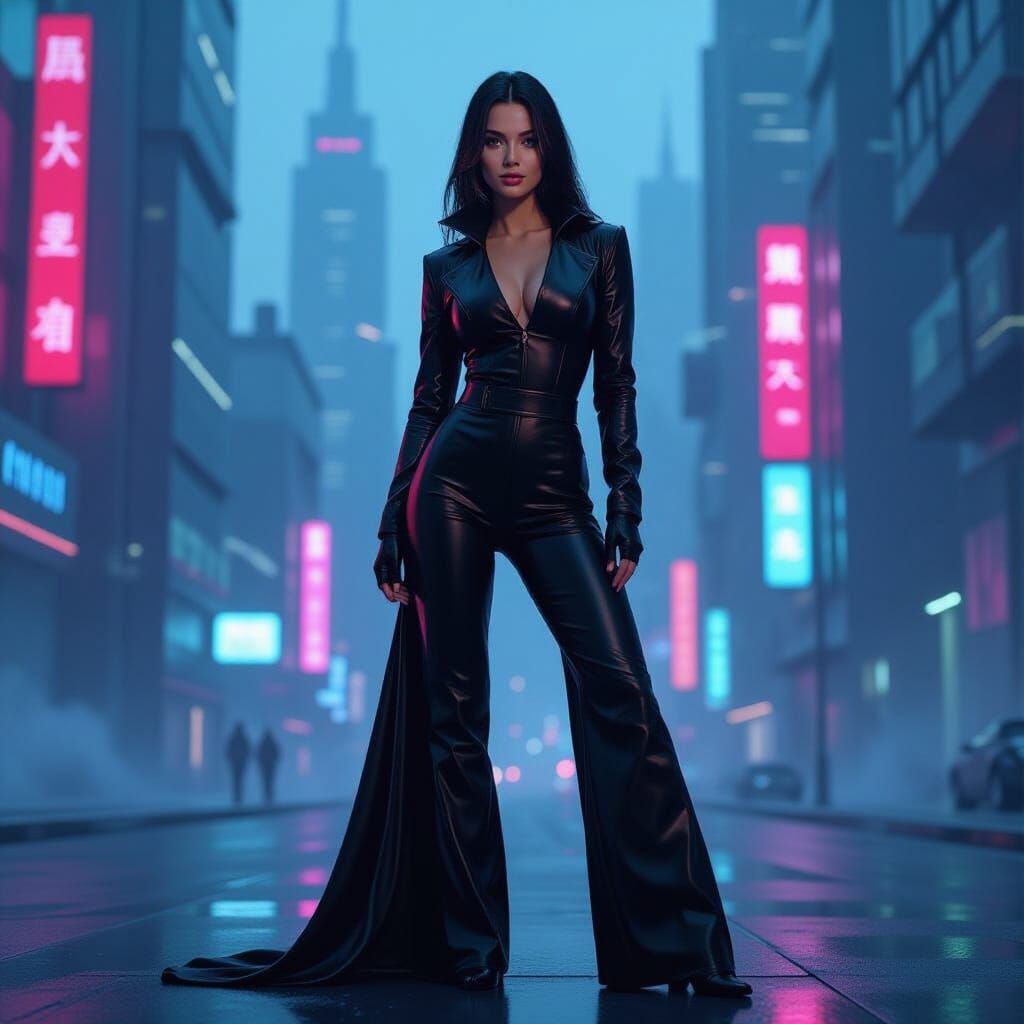 Futuristic Woman in Cyberpunk Cityscape