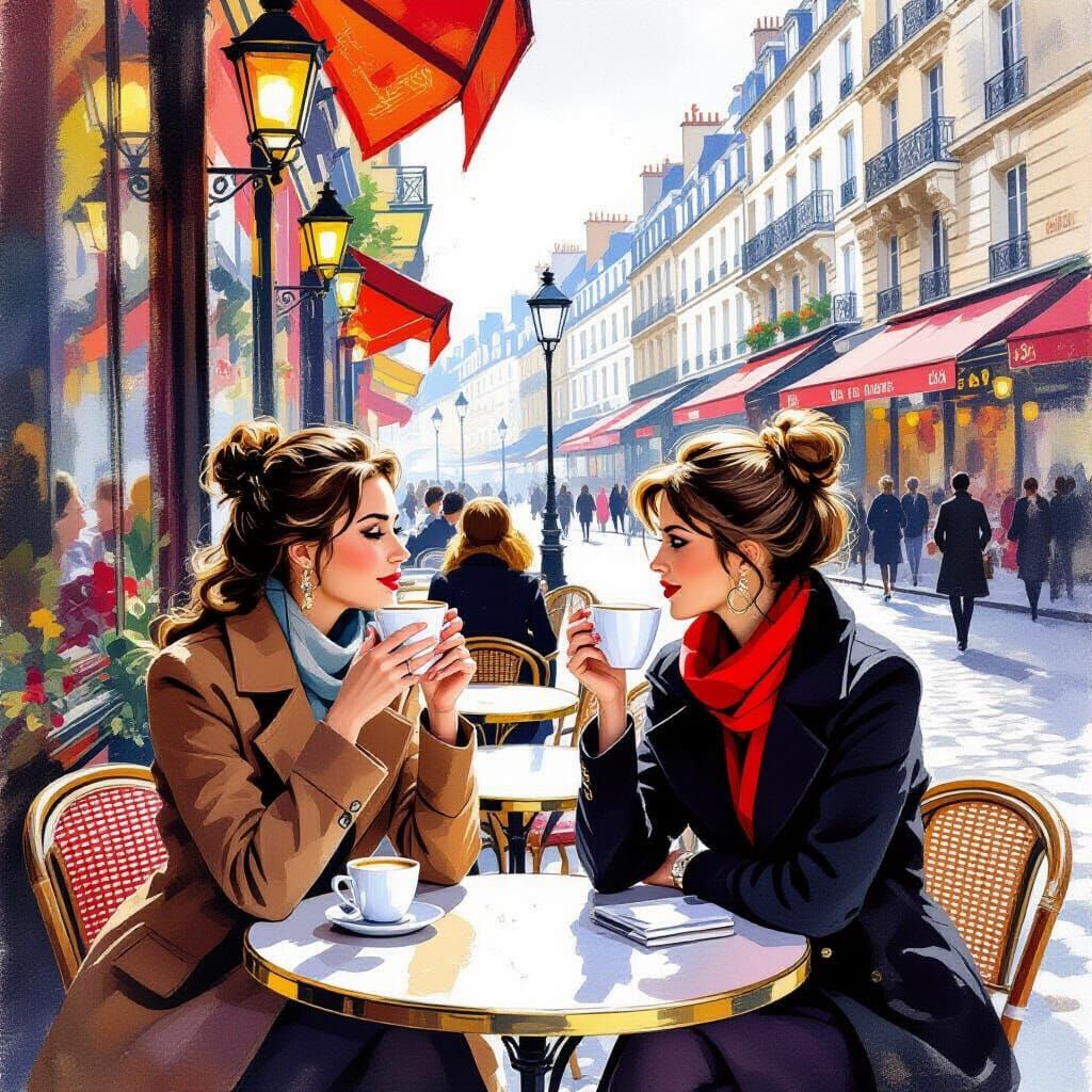 Two Women Enjoying Coffee at a Paris Café