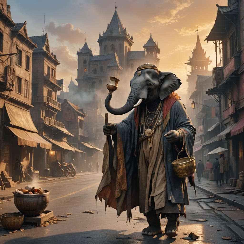 Elephant Beggar in Ornate Cityscape: Fantasy Oil Painting