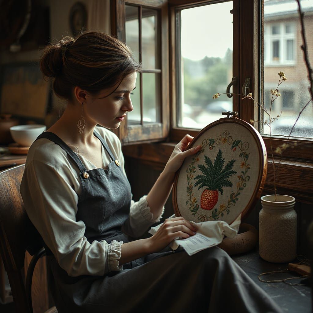Woman Embroidering an Antique Image: Hyperrealistic Close-Up