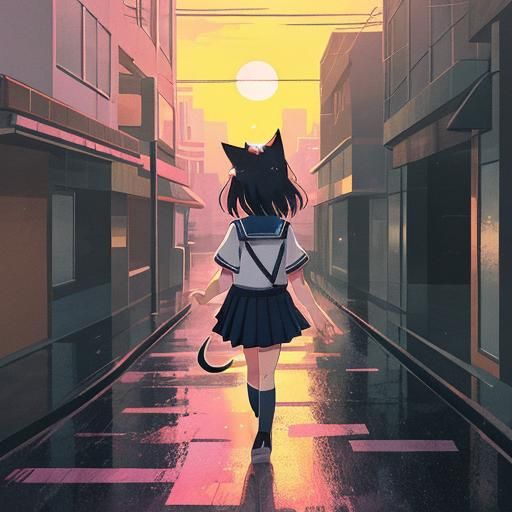 Girl with Cat Ears in Tokyo: Manga Digital Art