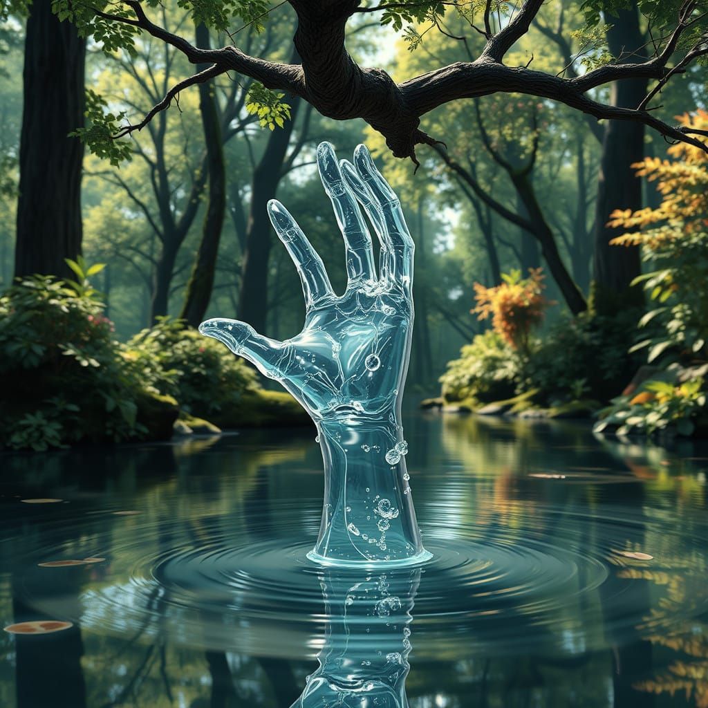 Translucent Crystal Arm Reaches for Gnarled Branch in Serene...