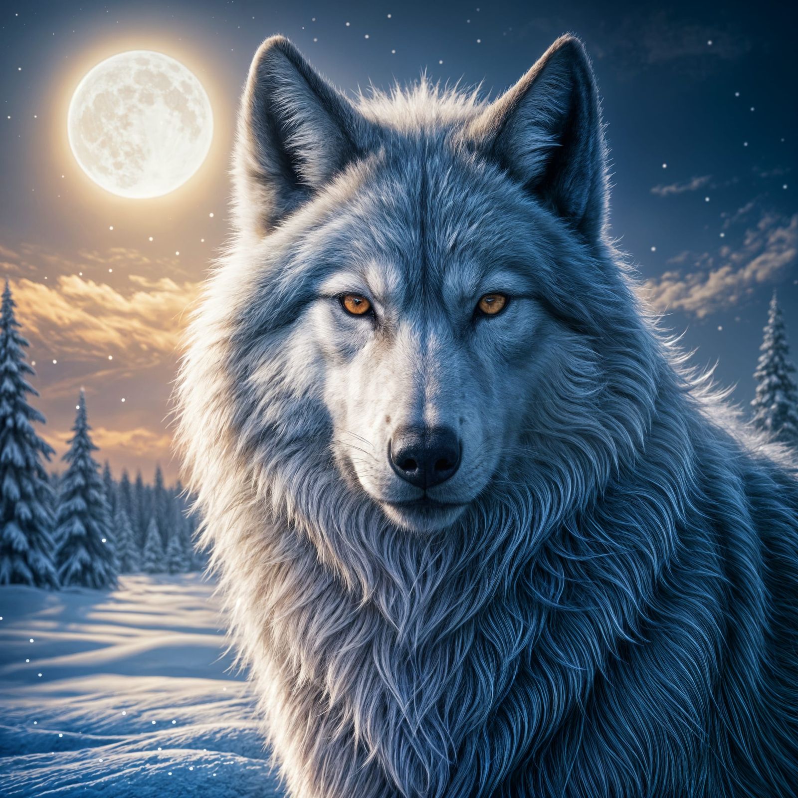 Majestic Blue Wolf in Winter Landscape at Twilight