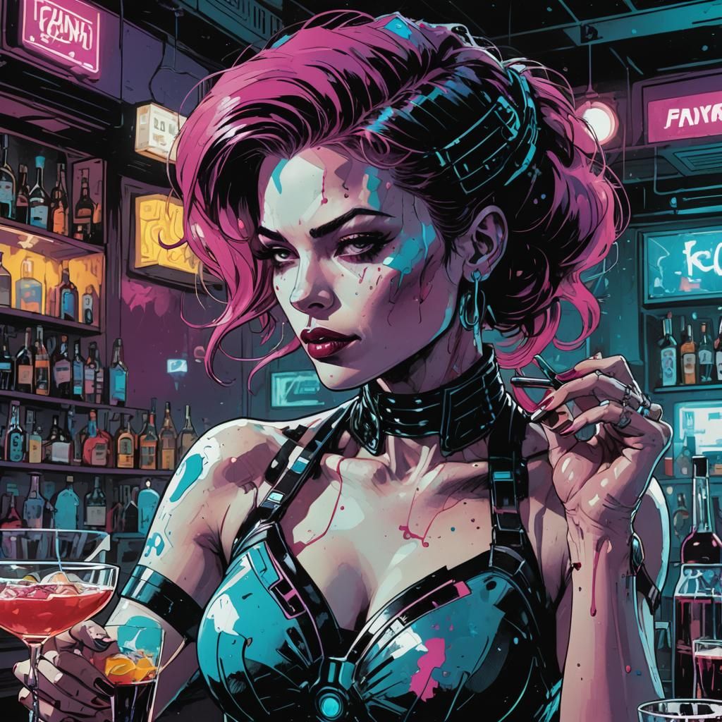 Cyborg Woman Drinking: Comic Book Art