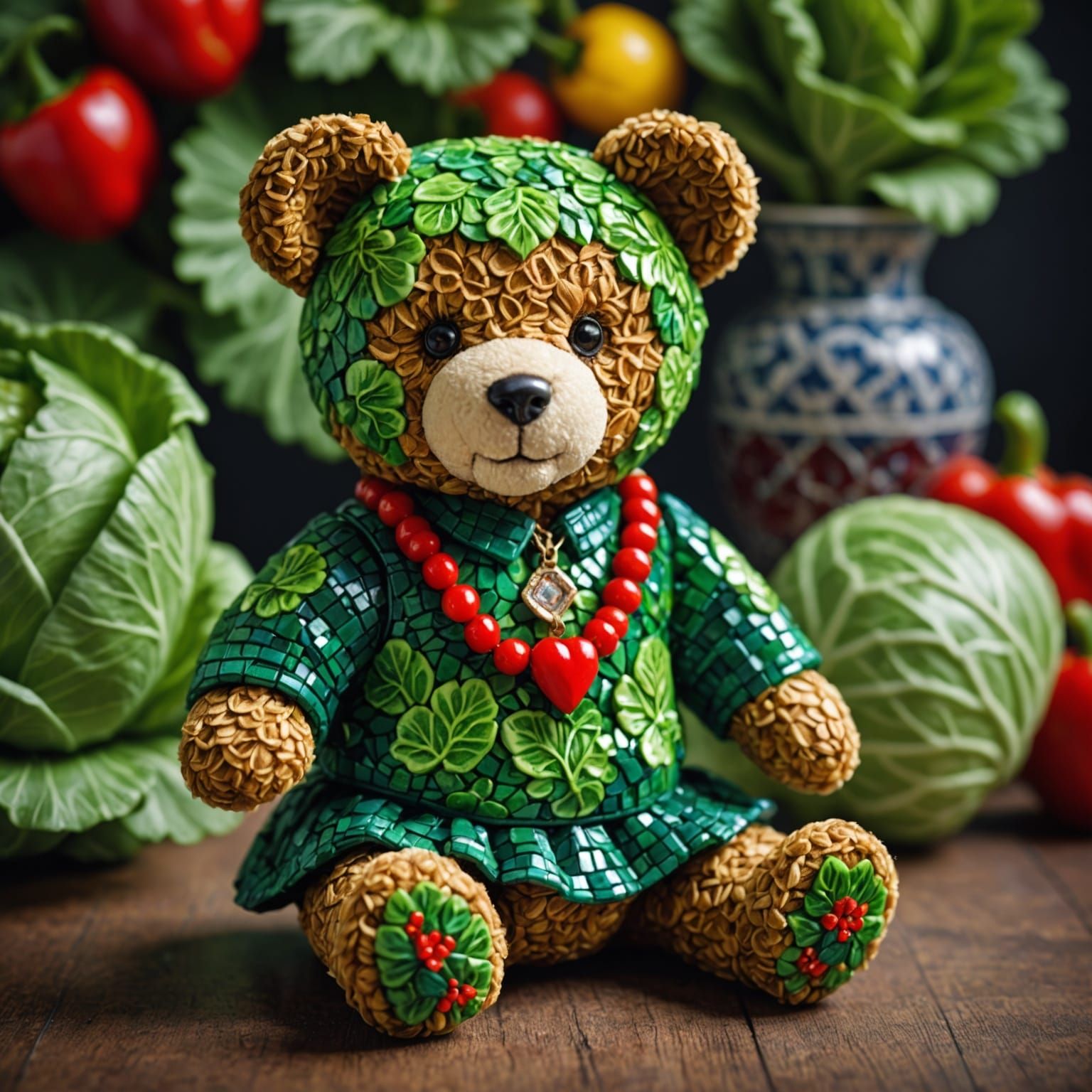 Teddy Bear Doll in Cabbage Dress, Mosaic Style