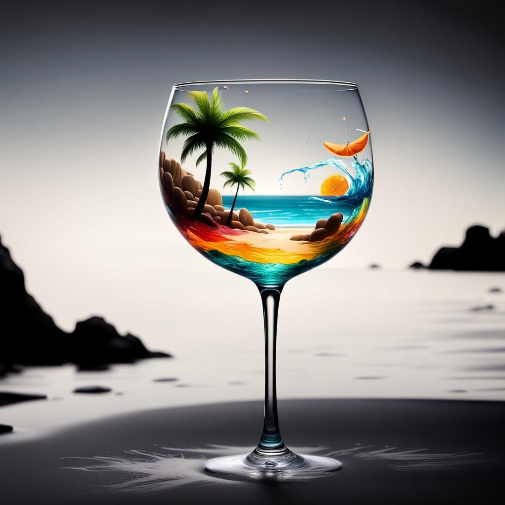 Beach Scenery in Cocktail Glass Silhouette