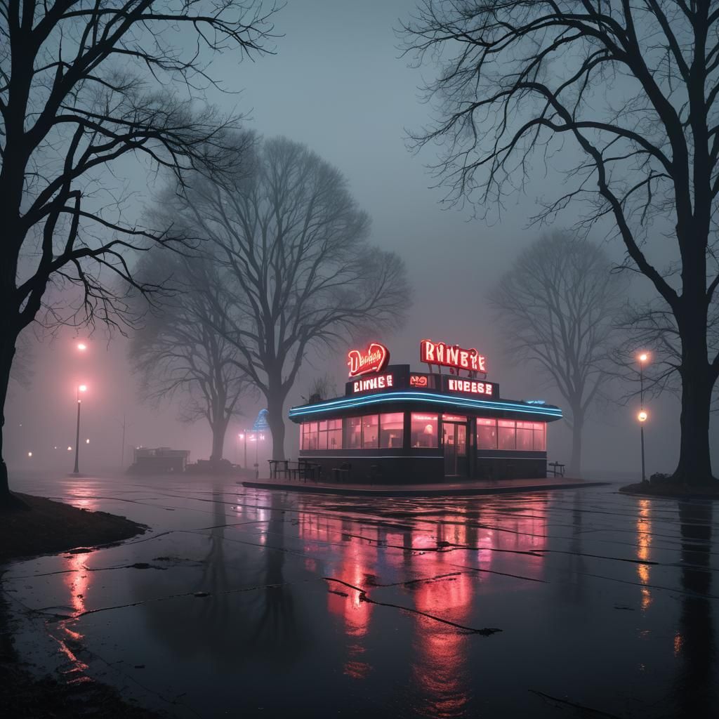 Riverdale Diner in Misty Night Ambiance
