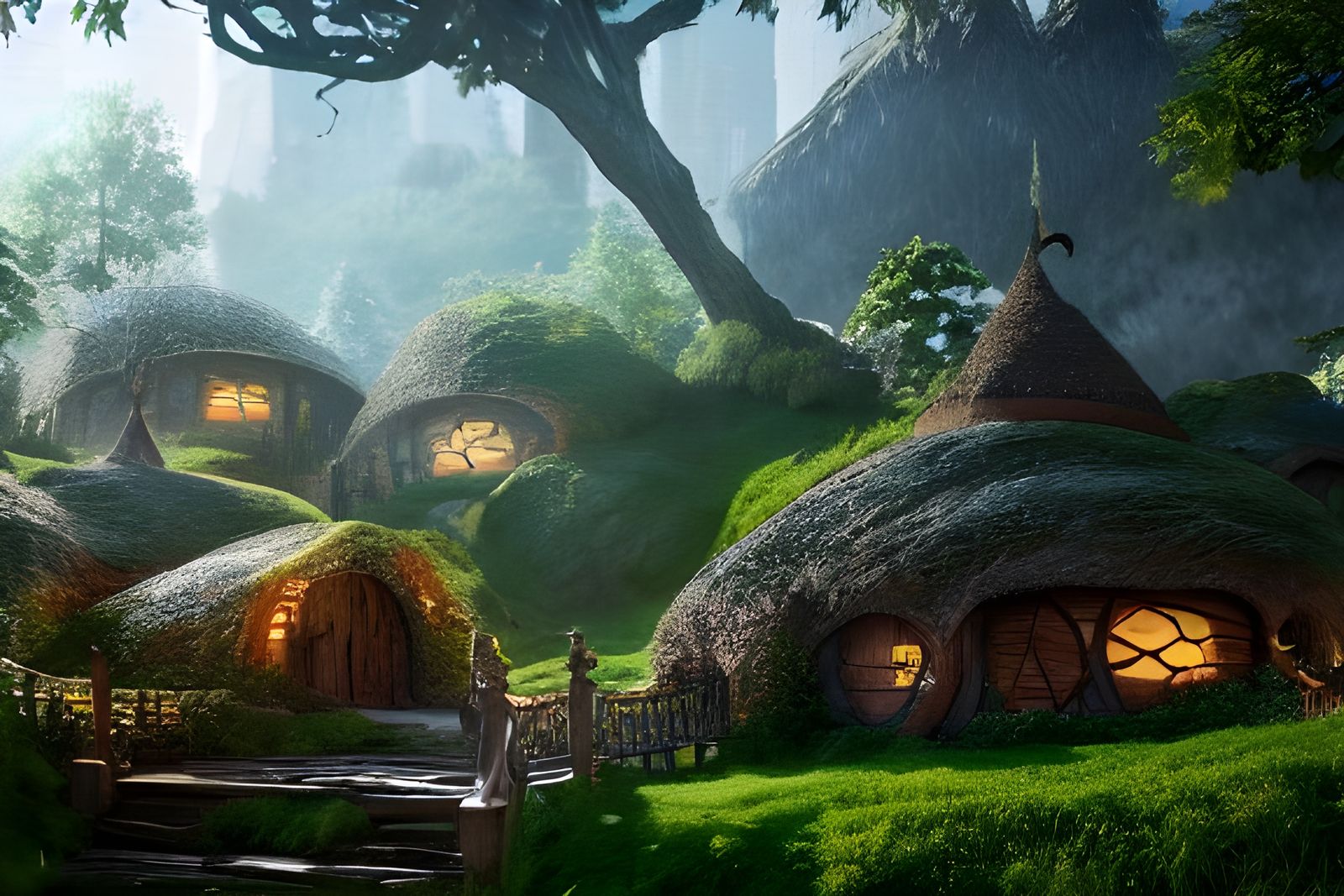 Hobbit Village in Central Park, Hyperrealistic Render