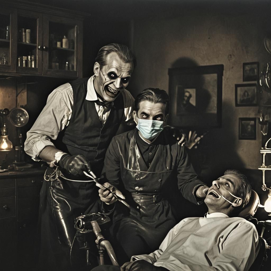 Sinister Dentist in Dark Victorian Horror Scene