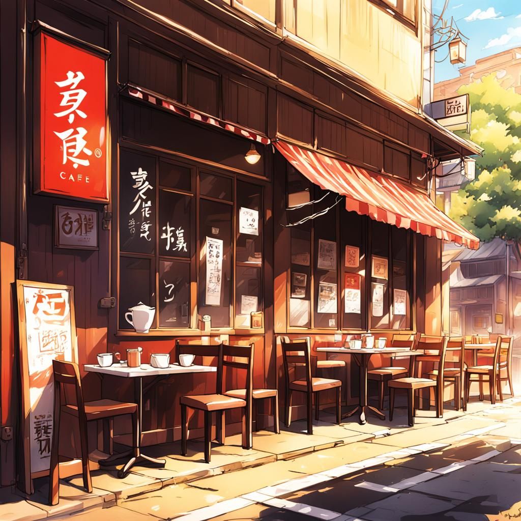 Anime Cafe Scene in Japanese Manga Style