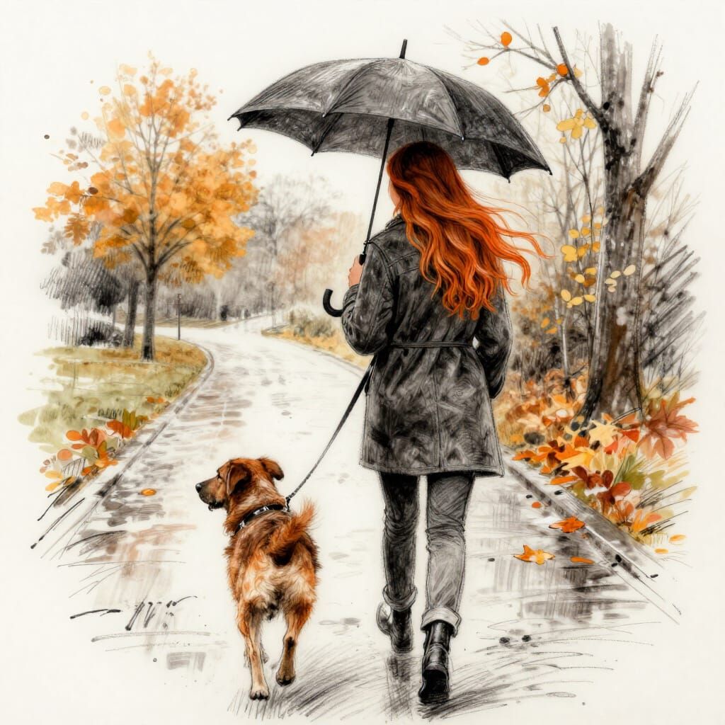 Amber Haired Dog Walker with Umbrella in Autumn Rain
