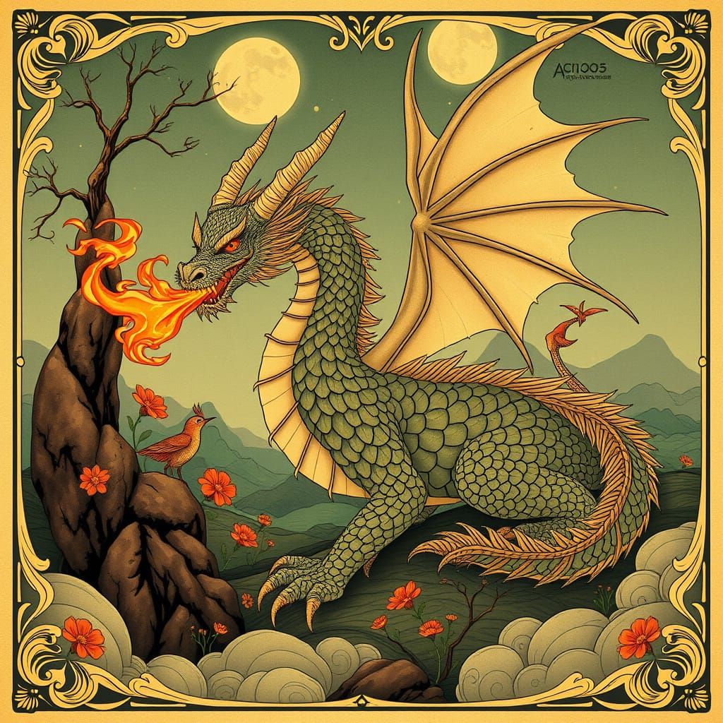 Majestic Dragon in Art Nouveau Style