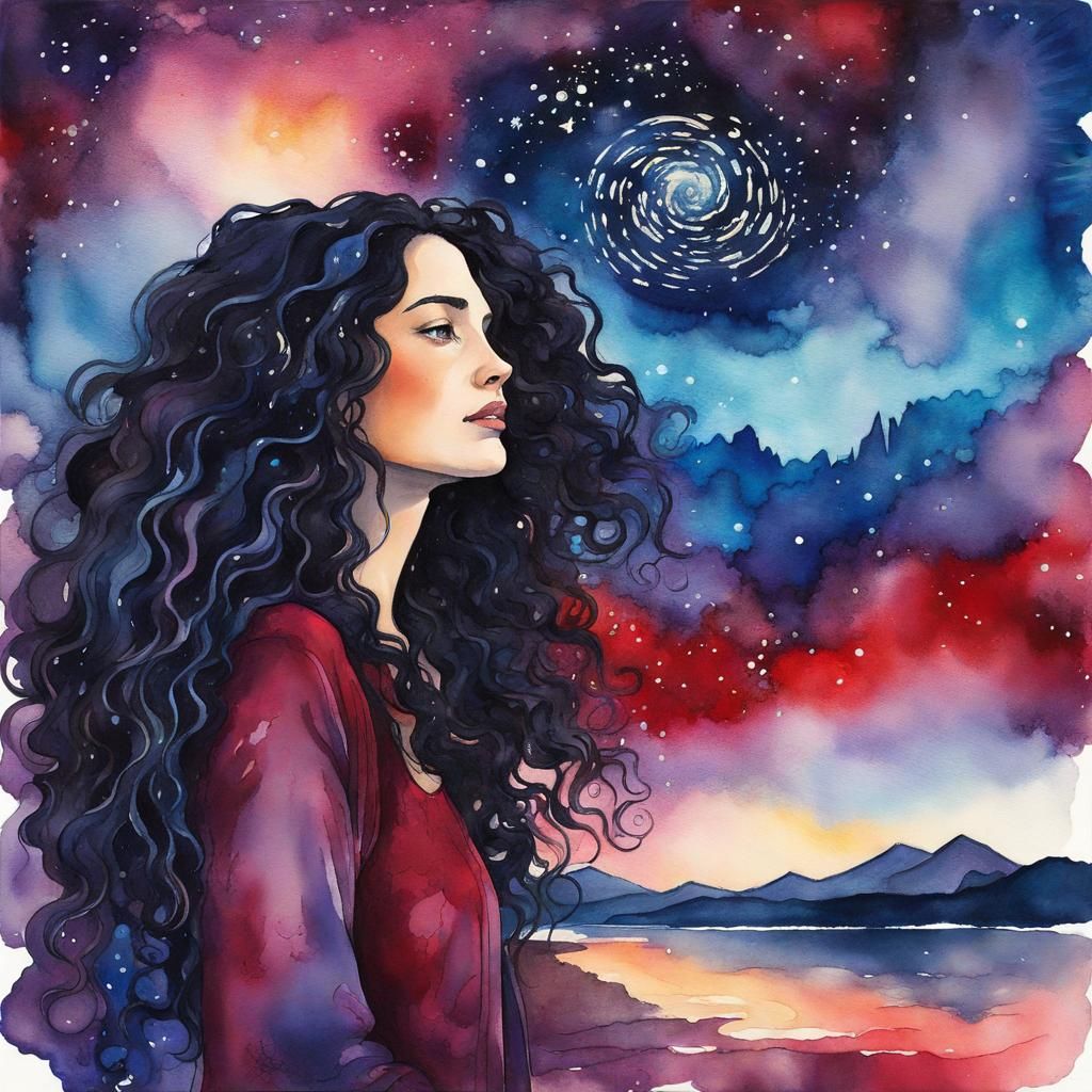Woman Gazes at Nebula: Gouache and Watercolor Style