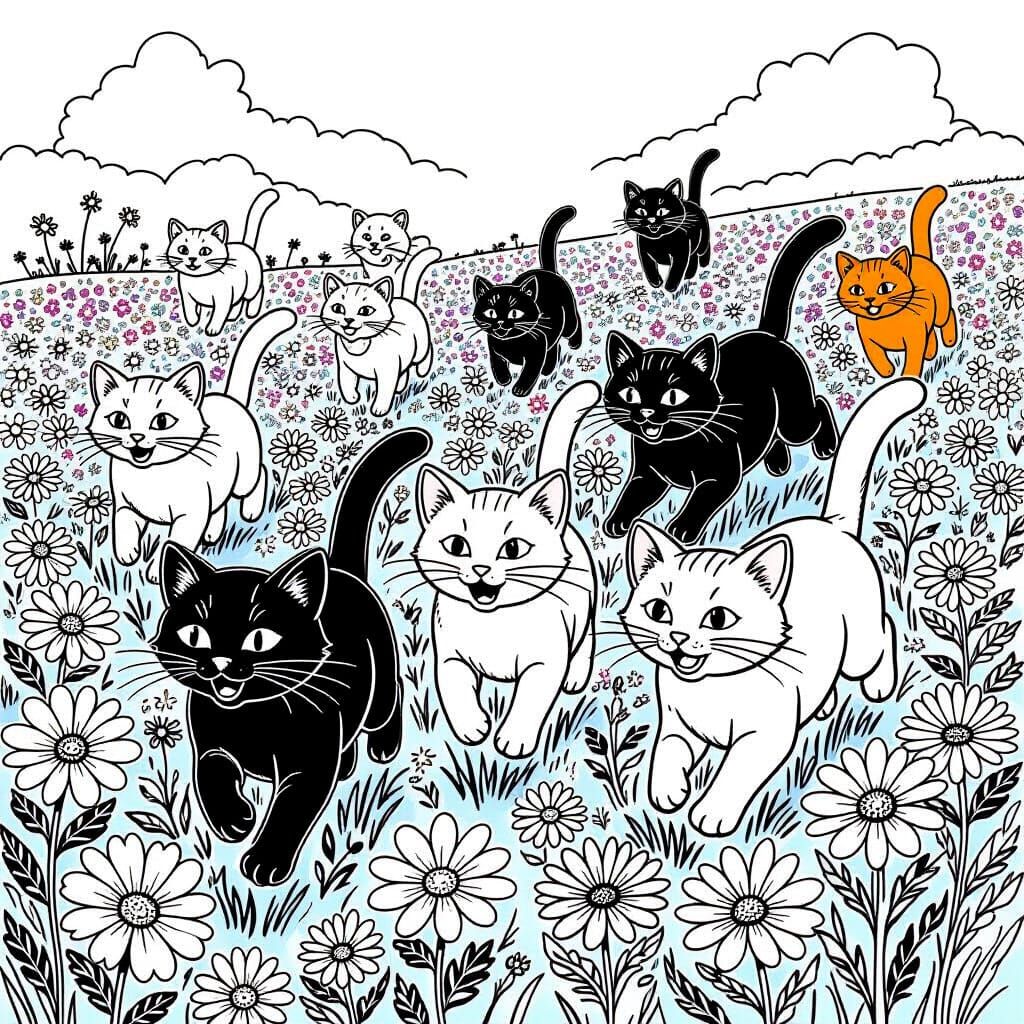 Cats Coloring Page: Energetic Felines in Flower Field