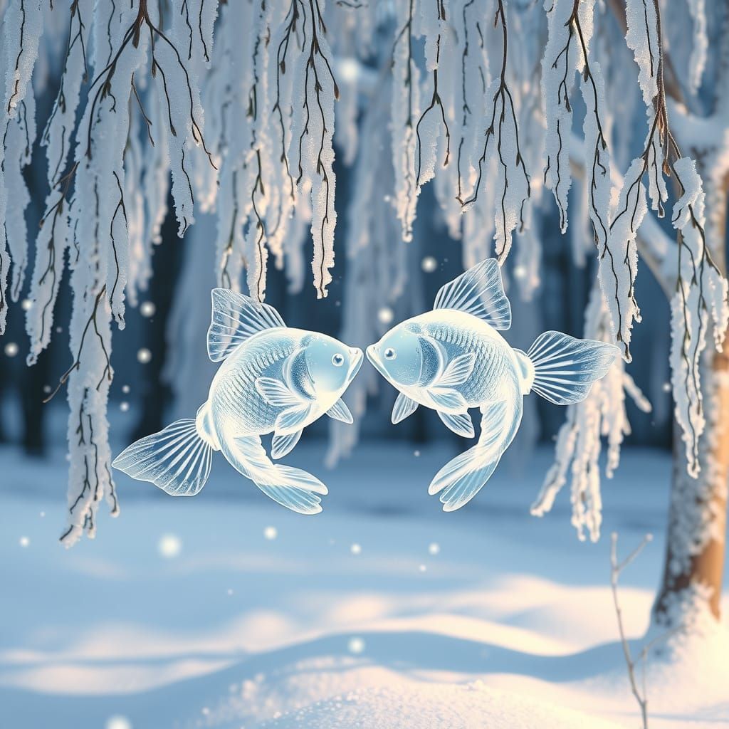 Ethereal Crystal Fish Form Pisces Zodiac in Winter Wonderlan...
