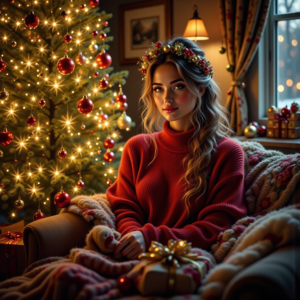 Woman Enjoying Christmas Eve Glow on Sofa