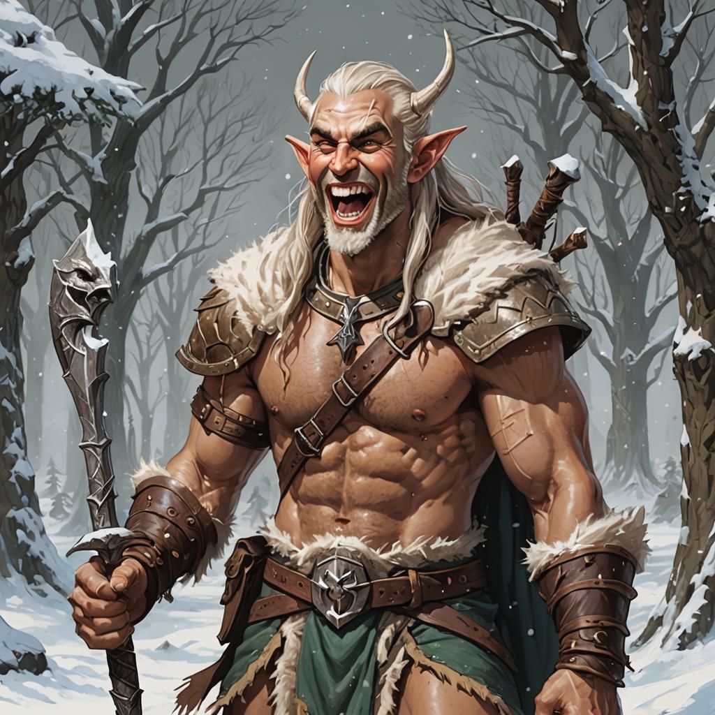 Laughing High Elf Barbarian in Winter Landscape