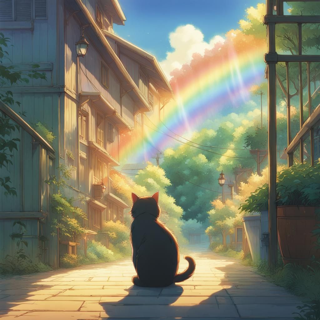 Rainbow Cat in Studio Ghibli Anime Style