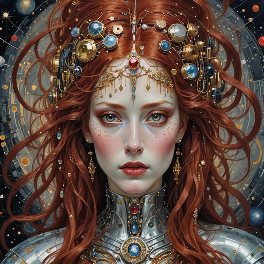 Sci-Fi Queen with Silver Jewels in Klimt Style