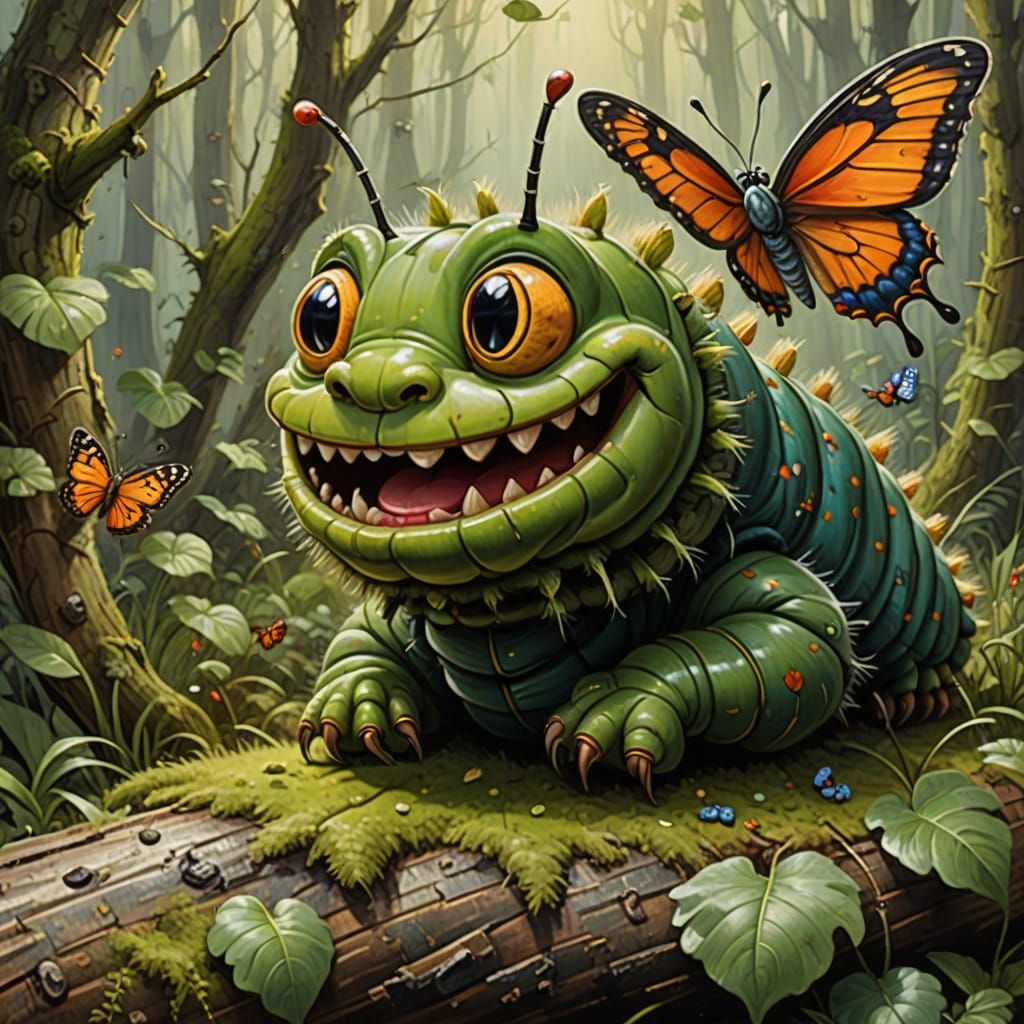 Excited Caterpillar Caricature with Butterfly Dream