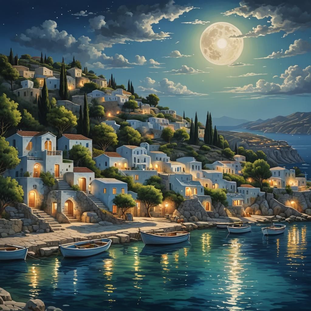 Photorealistic Greek Village by the Sea at Night