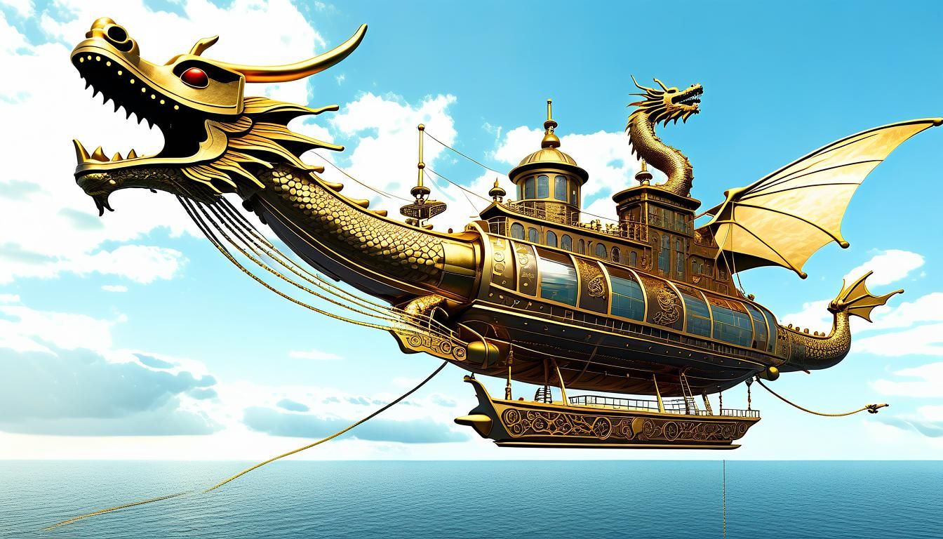 A futuristic sci-fi fantasy steampunk flying ship with a gold oriental dragon figurehead  in flight in the air over the ...