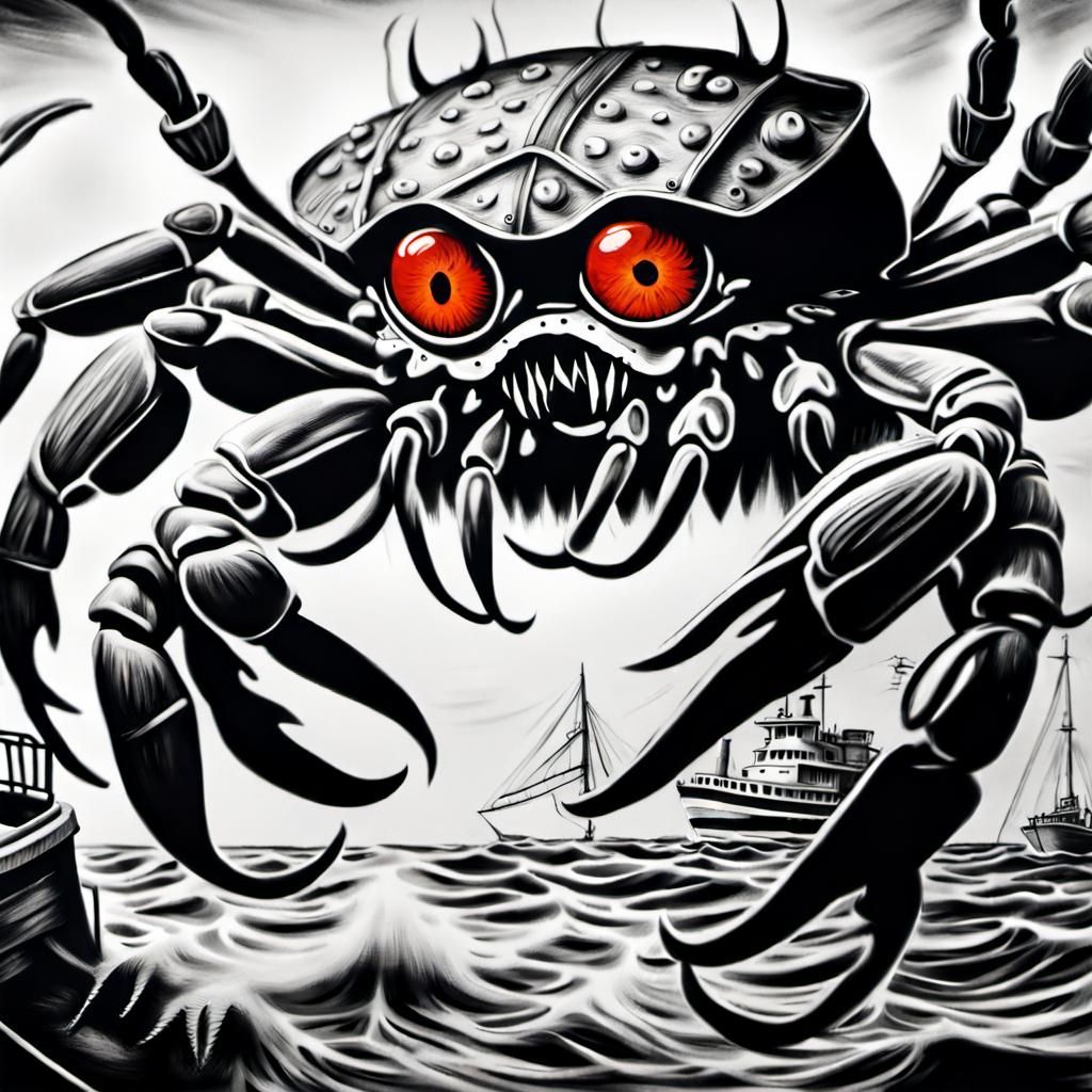 Crab Monster Attack: Hyperdetailed Charcoal Drawing