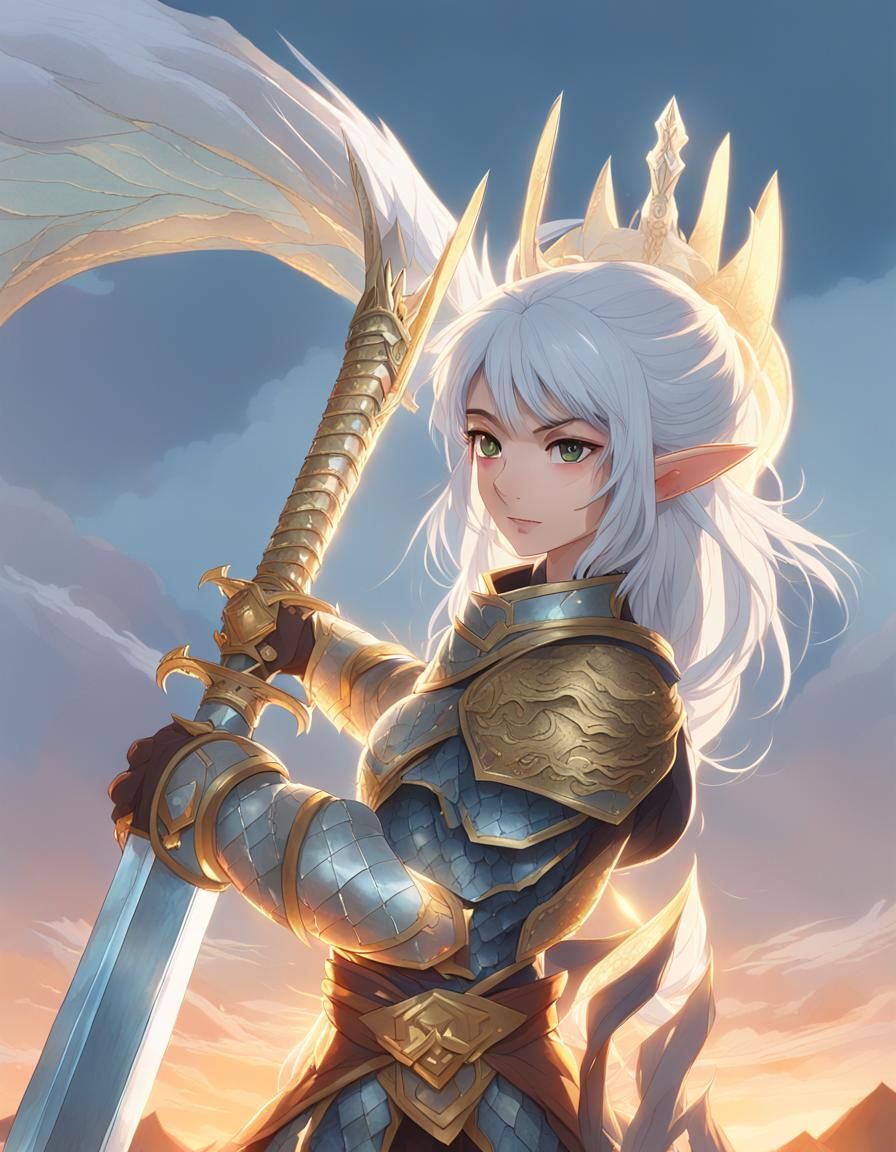 Dragon Girl with Sword on Misty Peak: Anime Art