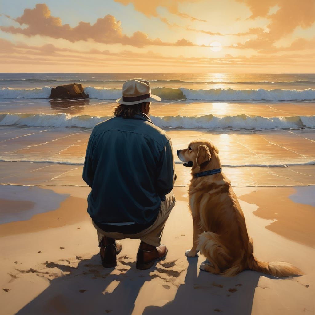 Golden Retriever Beach Sunset in Photorealistic Style