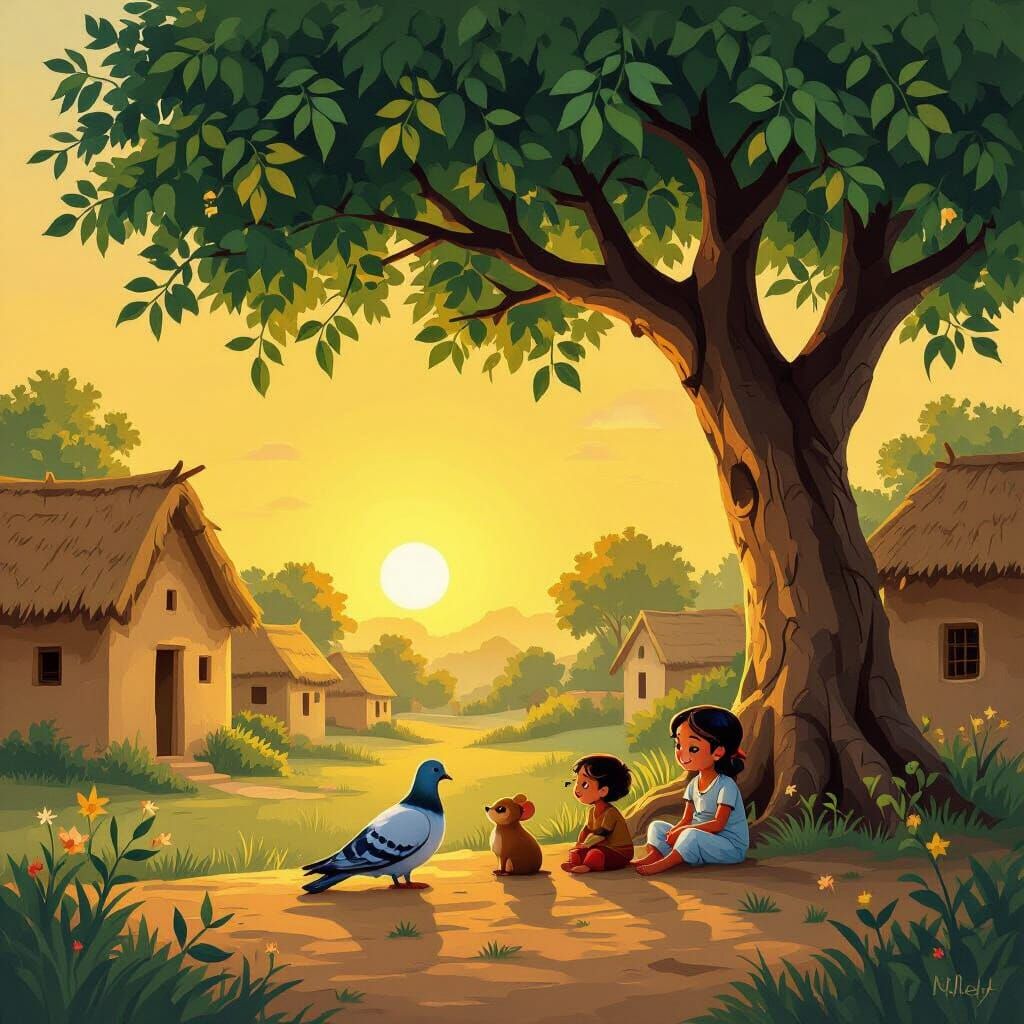 Peaceful Indian Village Evening in Folk Art Style