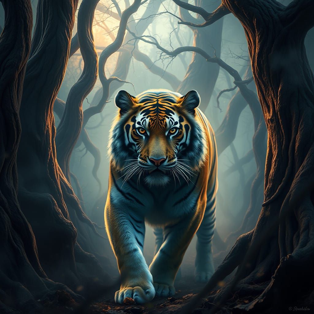 Blue and Gold Royal Bengal Tiger in Misty Forest