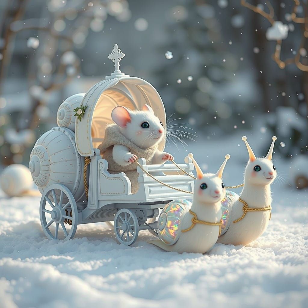 Mouse in Whimsical Snowy Carriage Ride with Majestic Snails